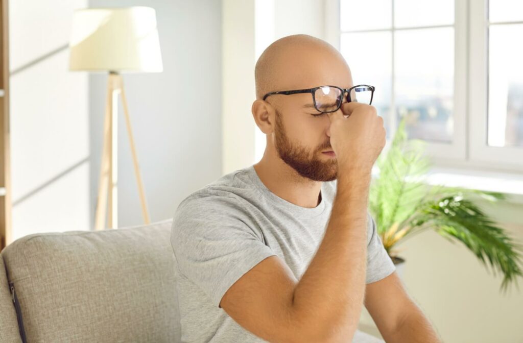 A person wearing glasses rubbing the bridge of the nose while sitting indoors, suggesting eye strain or discomfort.