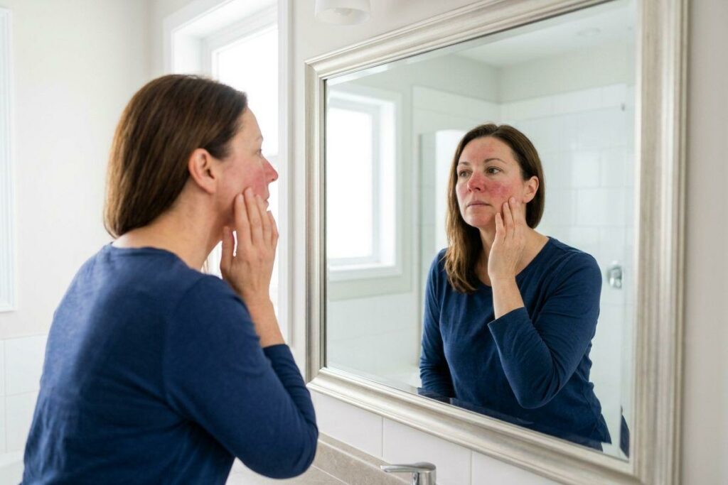 Adult examining red, flushed skin on their cheeks in a bathroom mirror, hands raised to their face, expression concerned.