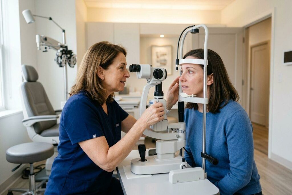 Patient has their eyes examined during an appointment.