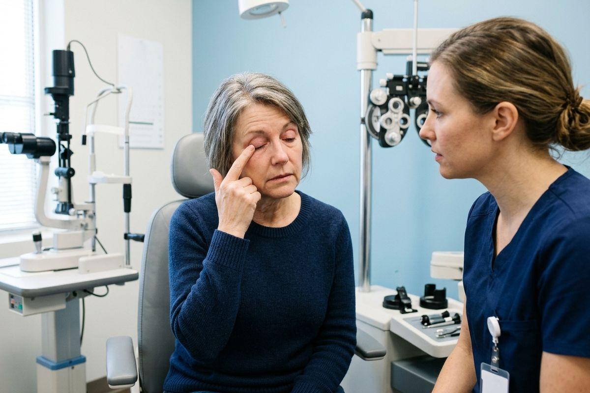 Person experiencing discomfort from meibomian gland dysfunction, a common cause of dry eye symptoms.