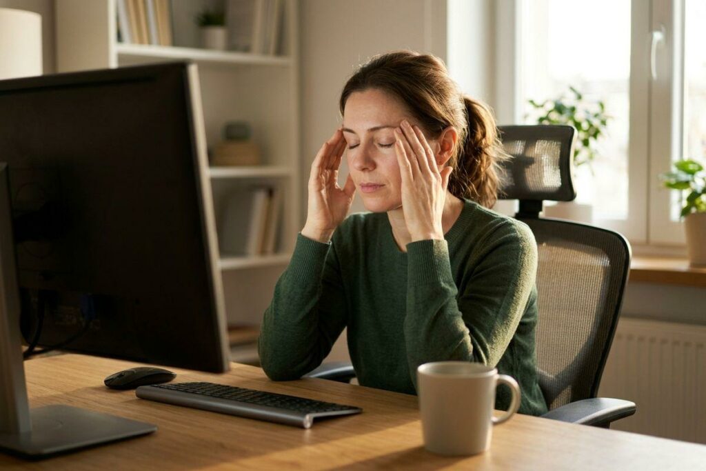 Adult sitting at a desk with computer monitor, keyboard and mug, eyes closed and fingers pressed to temples.