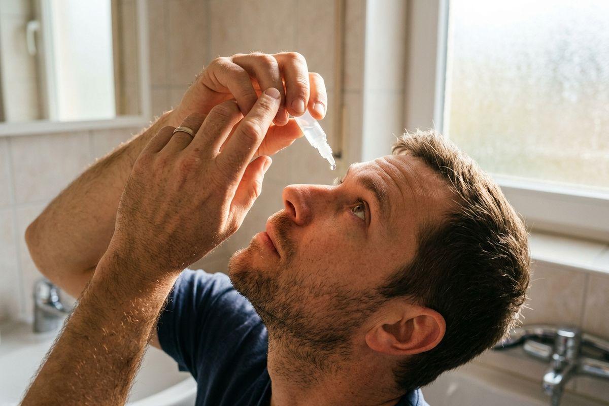 Adult tilting head back in a bathroom, applying eye drops from a small dropper bottle held above one eye.